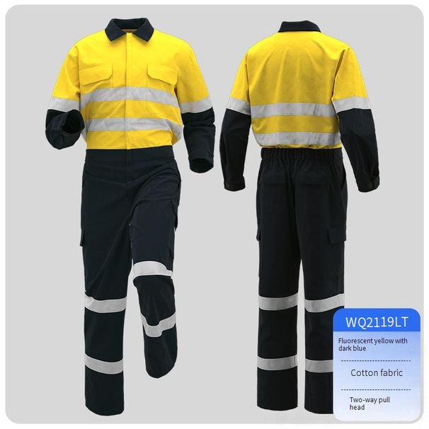 Men's Clothing Pure Cotton Jumpsuit Reflective Suit Labor Protection Clothing Reflective Strip Crew Work Wear_viptrois.com