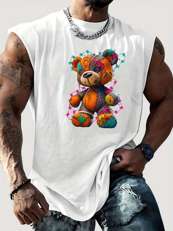 100% Pure Cotton Men's Summer Casual Sports Fitness Loose Teddy Bear Pattern Printed Breathable Round Neck Sleeveless Vest_viptrois.com