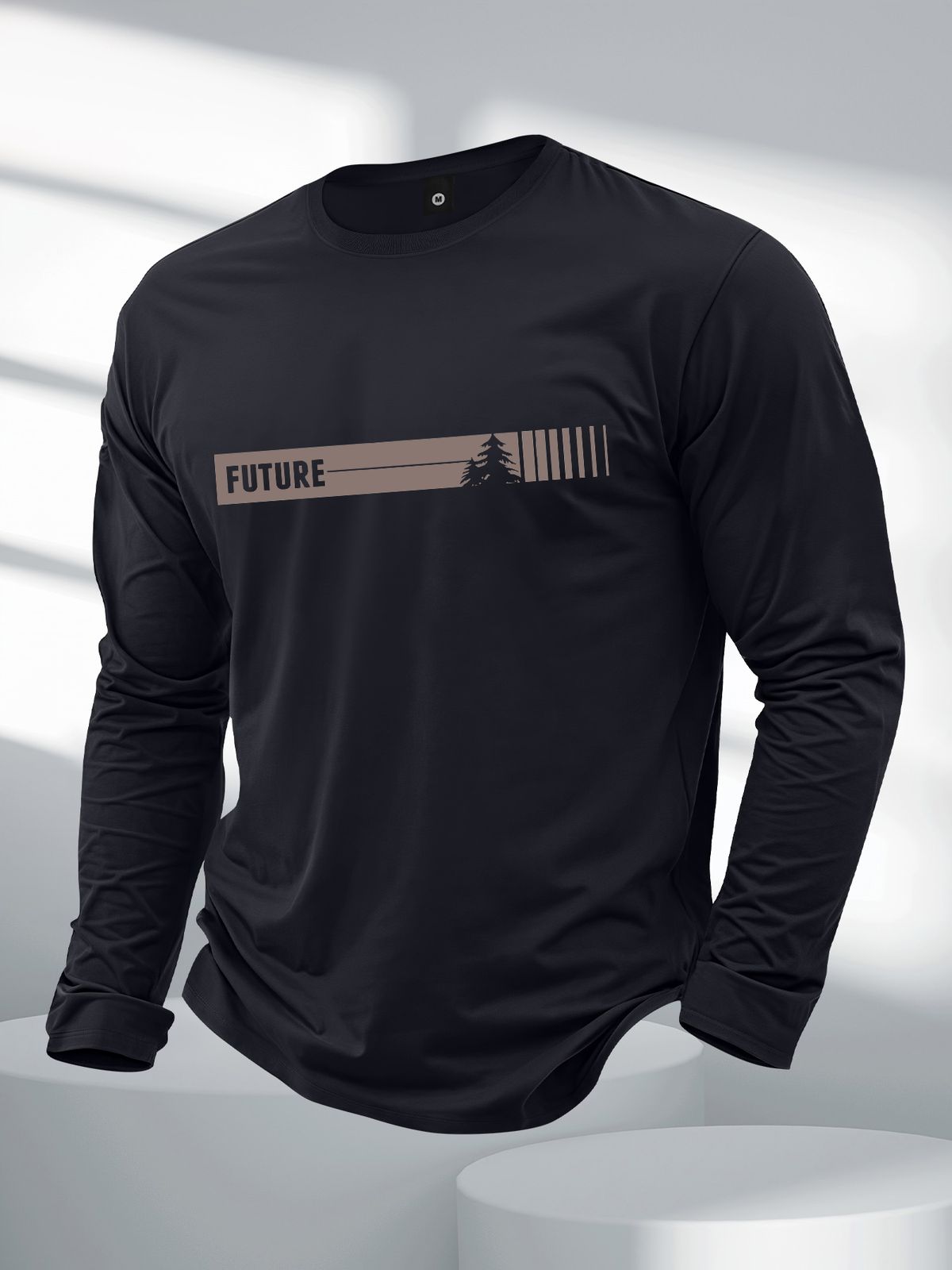 Men's Long Sleeved Round Neck Black T-shirt Top Loose 100 Cotton Tops_viptrois.com