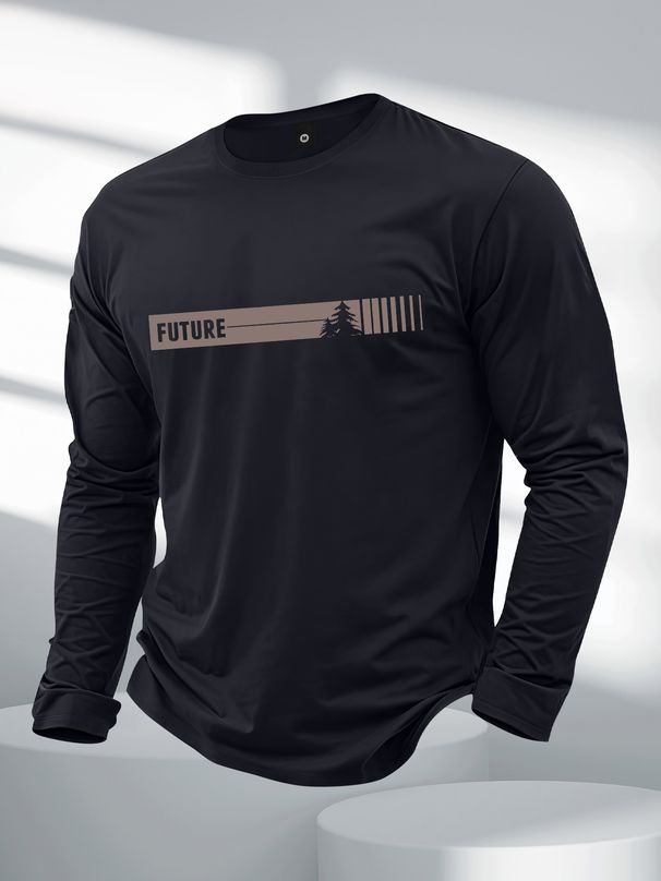Men's Long Sleeved Round Neck Black T-shirt Top Loose 100 Cotton Tops_viptrois.com