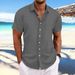 Men's Cotton Linen Striped Jacquard Casual Loose Short Sleeved Shirt Wave Pattern Bestseller_viptrois.com