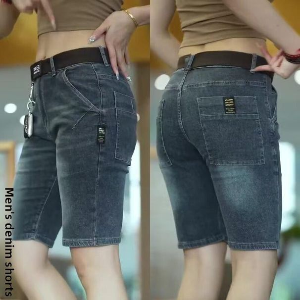 Summer Denim For Men Elastic Waist Straight Five-Point Drawstring Breeches Thin Slim Fit Mid-Length Shorts 2025 High_viptrois.com