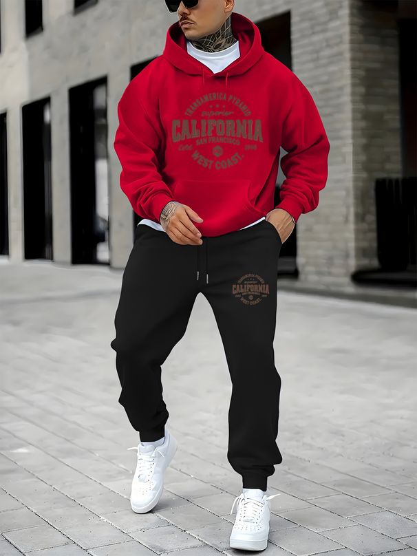 Men's Autumn And Winter Casual Fashion California Letter Pattern Print Loose Suede Thick Hooded Sweatshirt+sports Pants Set_viptrois.com