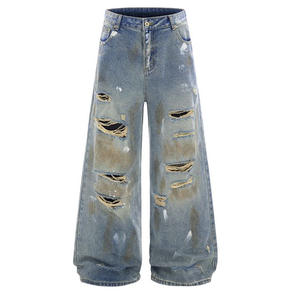 Post-apocalyptic Beggar Style Ripped Dirty Wide-Leg Jeans For Men Street Fashion Ink-Splattered Vintage Washed Loose_viptrois.com