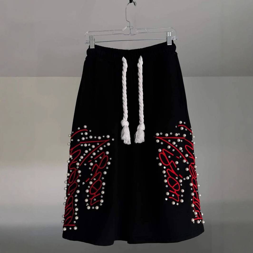 Men's Clothing Elastic Waist Straight Pants With Wide Legs Drawstring And Pearl Decoration Street Fashion Casual Pant_viptrois.com