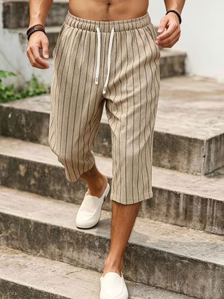 Summer New Casual Straight Leg Cropped Pants For Men, Trendy Striped Loose Drawstring Sports Pants_viptrois.com