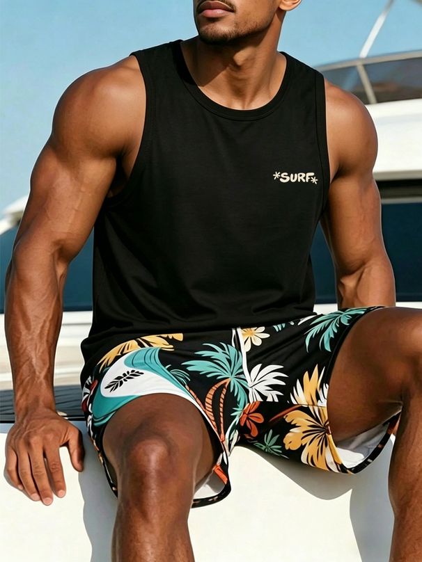 Canotta Uomo Girocollo 100% Cotone Stampa Surf Morbida Traspirante Senza Maniche Abbigliamento Casual Spiaggia Estivo Multicolore_viptrois.com