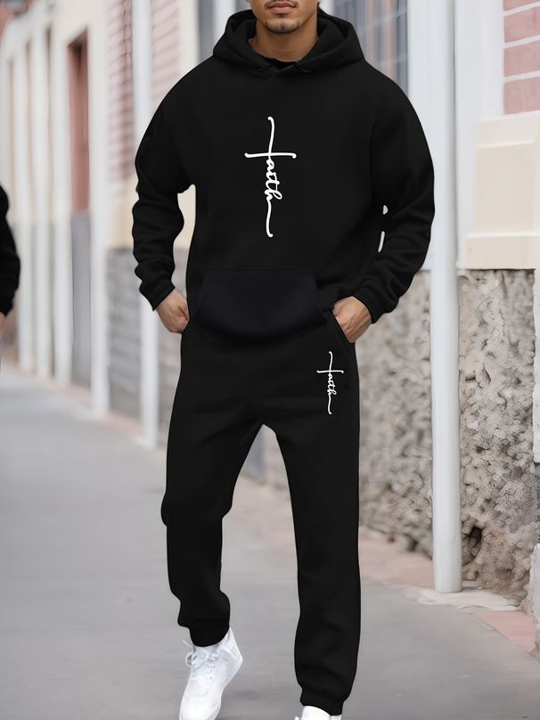 Men's Autumn And Winter Casual Fashion Faith Cross Print Loose Plush Thick Hooded Sweatshirt+sweatpants Set_viptrois.com