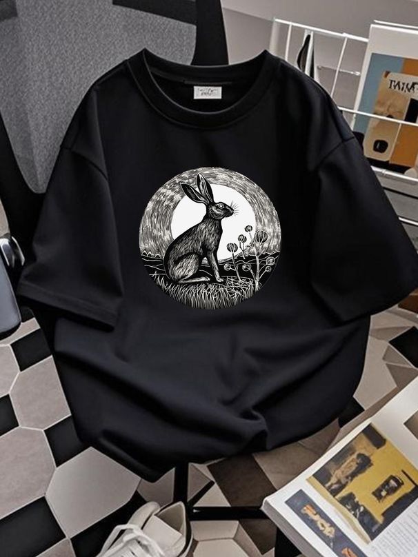Full Moon Rabbit T Shirt Lover Bunny Desert Hare Mom Dad Soft Versatile Homme Comfortable Graphic Unisex Top For Everyday Wear Casual Slightly_viptrois.com