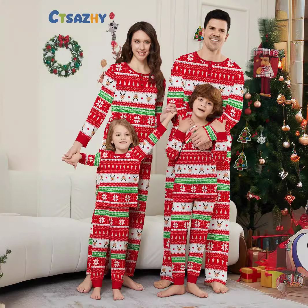Christmas Santa Deer Snow striped Christmas family dress printed home dress pajamas_viptrois.com