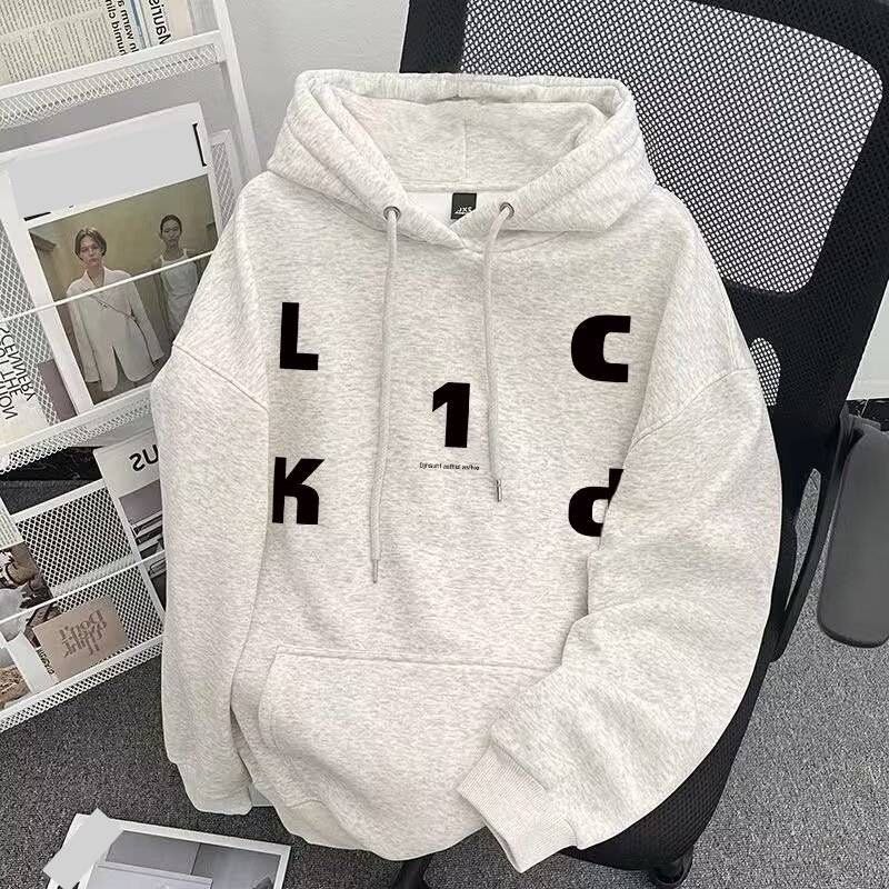 Unisex Hooded Sweatshirt With Letter Print – Oversized Streetwear Style, High Cotton Blend, S-4XL (White & Grey, Fleece-Lined & Lightweight Options)_viptrois.com