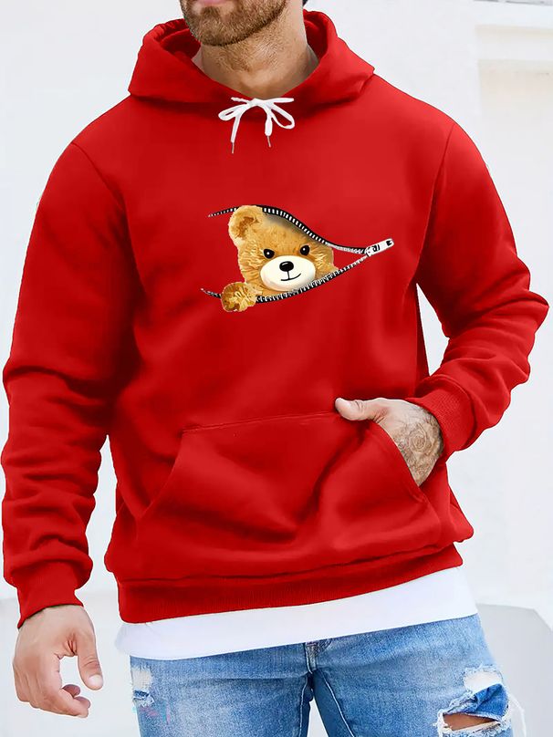 Men's Autumn And Winter Casual Fashionable Loose Hooded Sweatshirt With Bear Zipper Cartoon Pattern Printed Warm Long Sleeved Pullover_viptrois.com