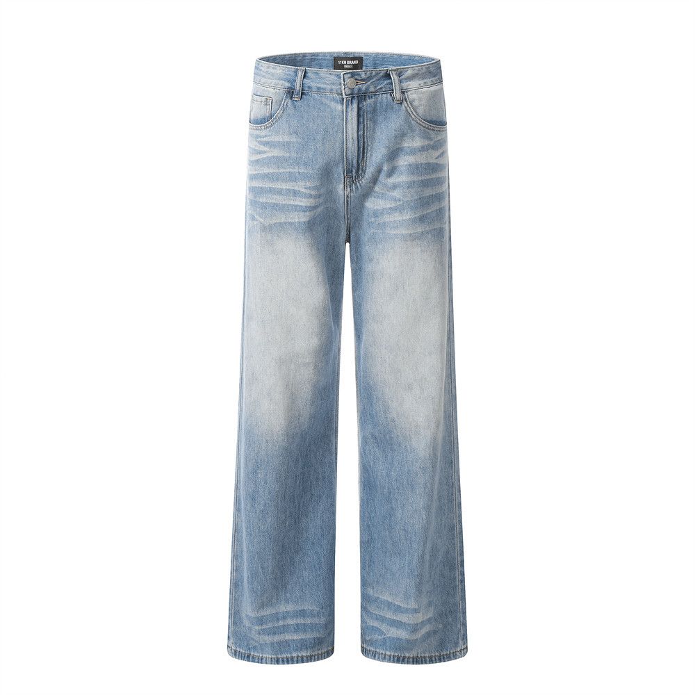 Men's Clothing American High Street Washed Gradient Denim Trousers Men's Distressed Loose Daddy Pants Versatile Casual Wide Leg Straight Pants_viptrois.com