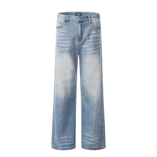 Men's Clothing American High Street Washed Gradient Denim Trousers Men's Distressed Loose Daddy Pants Versatile Casual Wide Leg Straight Pants_viptrois.com