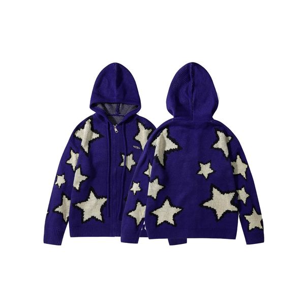 Men's Clothing Star Design Knitted Long Sleeved Hooded Sweater Knitted Cardigan Coat Stars Print Hooded Knit Cardigan - Unisex Oversized Sweater_viptrois.com