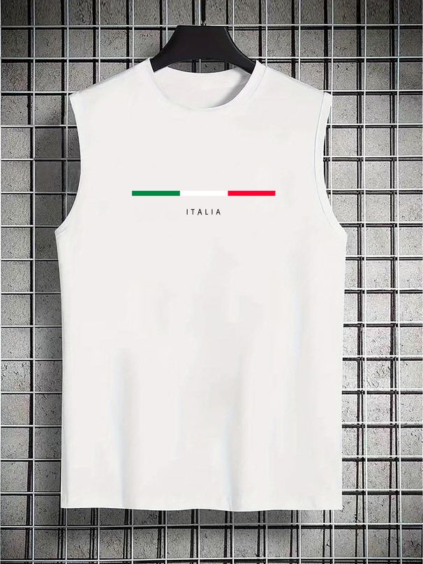 100% Pure Cotton Men's Summer Casual Sports Fitness Loose ITALIA Pattern Printed Breathable Round Neck Sleeveless Vest_viptrois.com