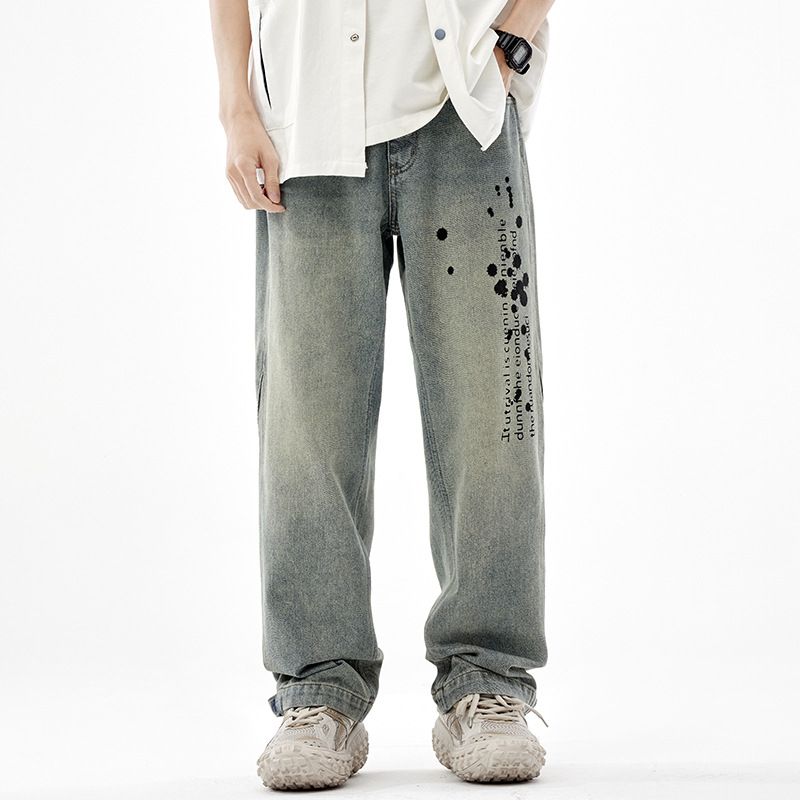 Men's Clothing Printed Jeans Men's New American High Street Retro Washed Nostalgic Loose Straight Trousers Street Fashion Trousers_viptrois.com