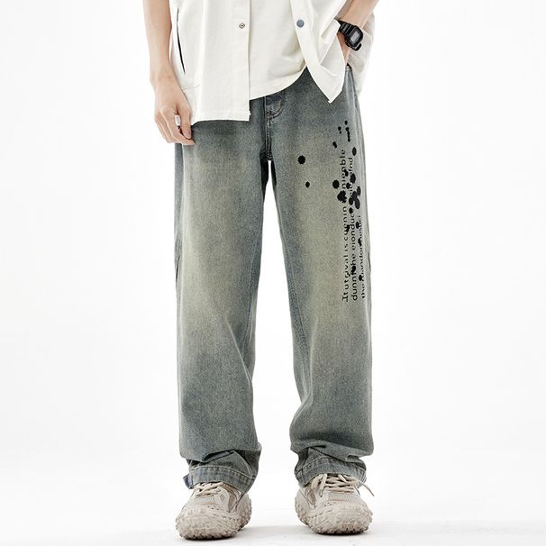 Men's Clothing Printed Jeans Men's New American High Street Retro Washed Nostalgic Loose Straight Trousers Street Fashion Trousers_viptrois.com