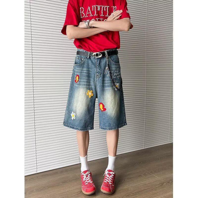 Men's Clothing Floral Embroidery Design Denim Shorts For Men SummerRetro Patch Shorts Trendy Straight Wide Leg Pants_viptrois.com