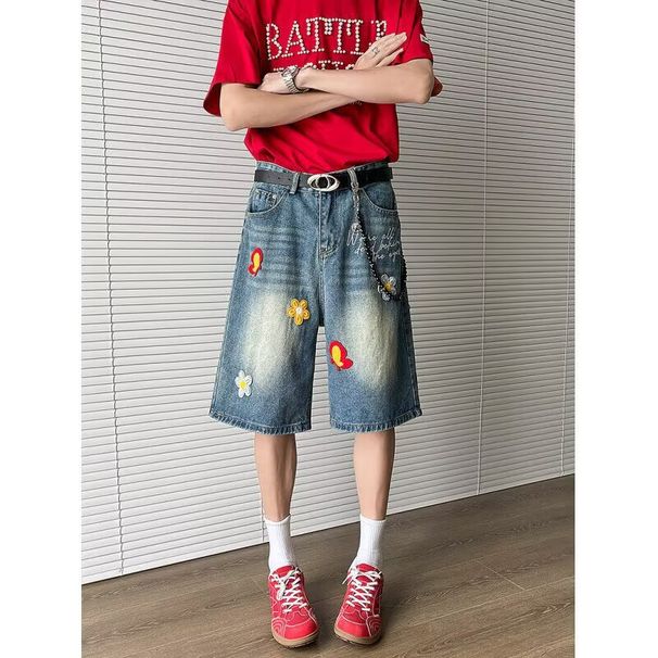 Men's Clothing Floral Embroidery Design Denim Shorts For Men SummerRetro Patch Shorts Trendy Straight Wide Leg Pants_viptrois.com