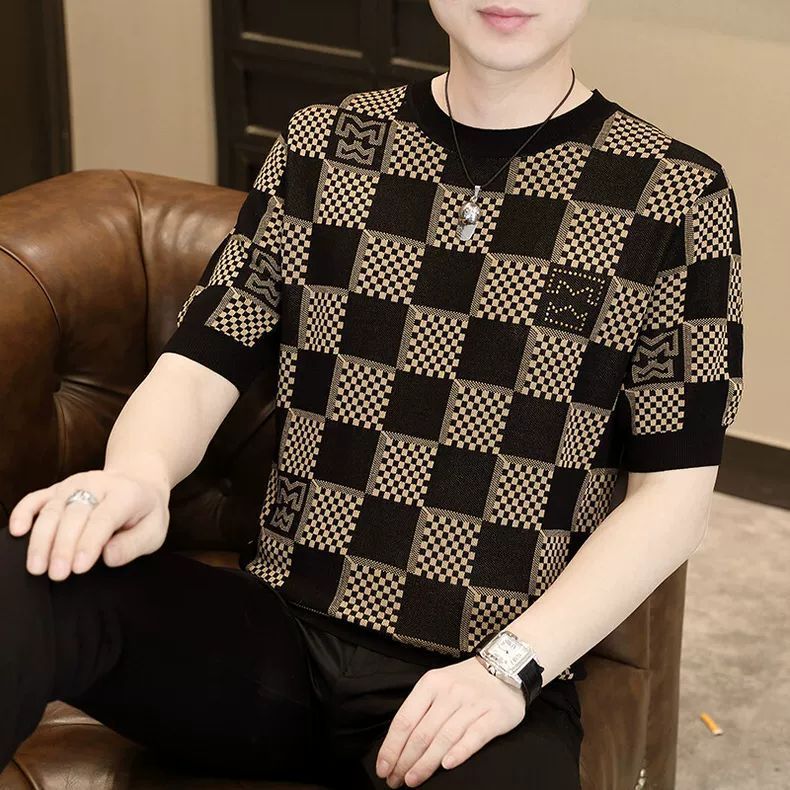 High End European Knitted Short Sleeved Men's 2025 Summer New Style Checkered Printed Hot Diamond Ice Silk T-shirt Round_viptrois.com
