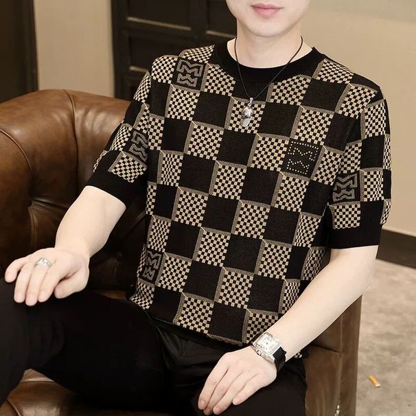 High End European Knitted Short Sleeved Men's 2025 Summer New Style Checkered Printed Hot Diamond Ice Silk T-shirt Round_viptrois.com