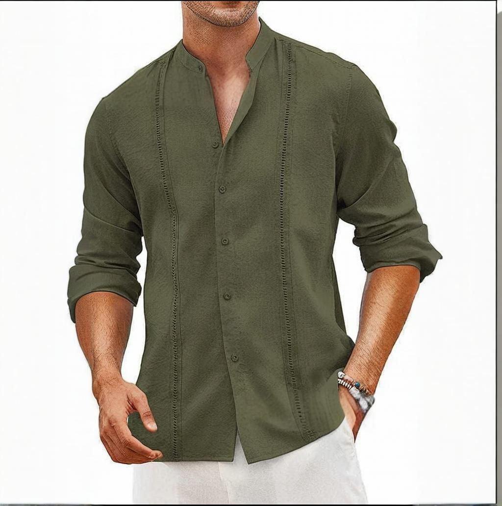 Men's Cotton Linen Short Sleeve Shirt - Breathable Summer Casual Shirt For Beach Vacation, Relaxed Fit Stand Collar Button Up Shirt_viptrois.com