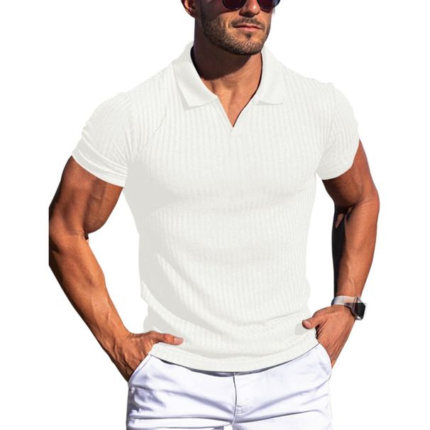 2026 Summer New Style Daily Casual Polo Shirt Collarless V-neck Short Sleeve T-Shirt Men's Clothing_viptrois.com