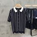 Men's Clothing Summer New Style Men's T-Shirt Cardigan Loose Fit Turn Down Collar Short Sleeve Knit Polo Shirt Striped Top_viptrois.com