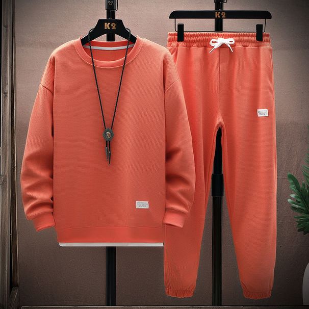 2025 Waffle grid for men's autumn new casual sports long sleeved pants two-piece set, trendy and handsome, one set of clothes 348b_viptrois.com