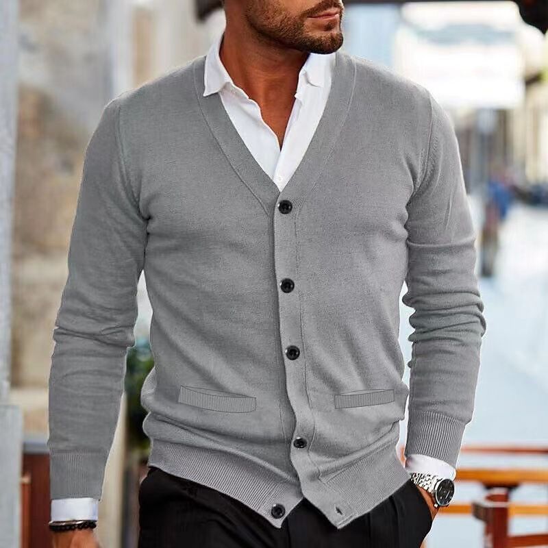 "Men's Slim-Fit V-Neck Cardigan – Lightweight Knit For Layering (Off-White To 5XL, Business Casual)"_viptrois.com
