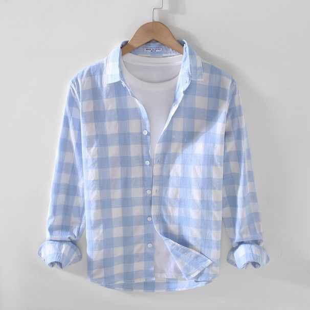 Spring And Summer New Fresh Plaid Long Sleeved Shirt For Men's Casual Loose Square Neck Trendy Men's Shirt_viptrois.com