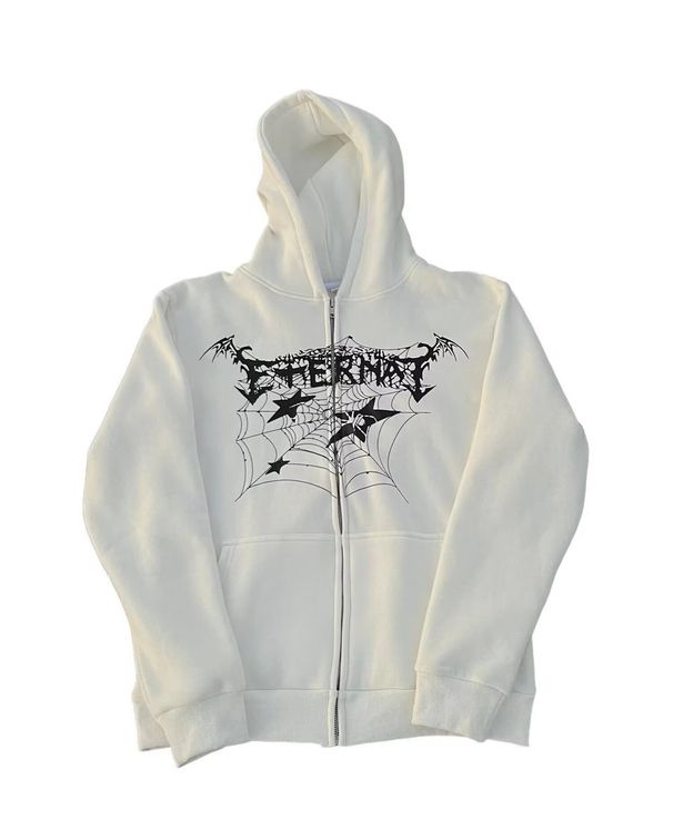 Five-Pointed Star Spider Web Zipper Cardigan Front And Back Print Trendy Versatile Style Couple Loose Hoodie Sweatshirt_viptrois.com