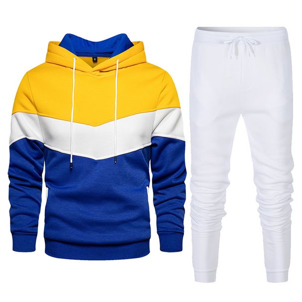 Men's casual sports suit spring and autumn hooded splicing sweatshirt with solid color sweatpants casual and comfortable two-piece suit_viptrois.com