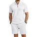 Men's Summer Short Sleeve Knit Polo Shirt With Jacquard Texture And Shorts Set, Casual Turn-Down Collar Outfit For Daily Wear_viptrois.com