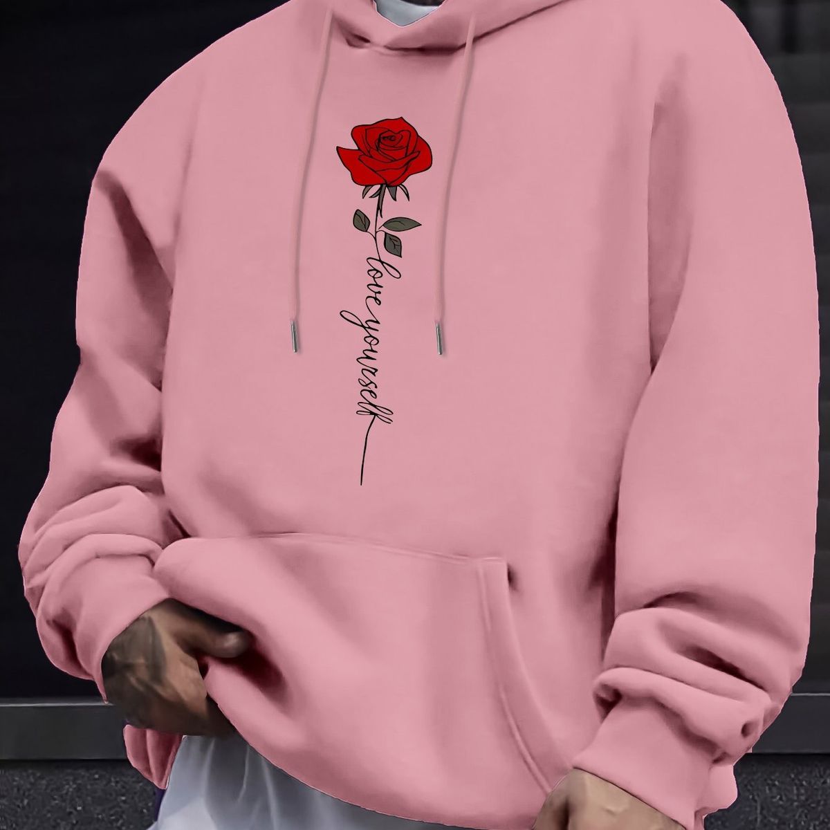 Men's Autumn/Winter Casual Fashion Loose Hoodie Rose Cross Letter Print Warm Long Sleeve Hoodie_viptrois.com