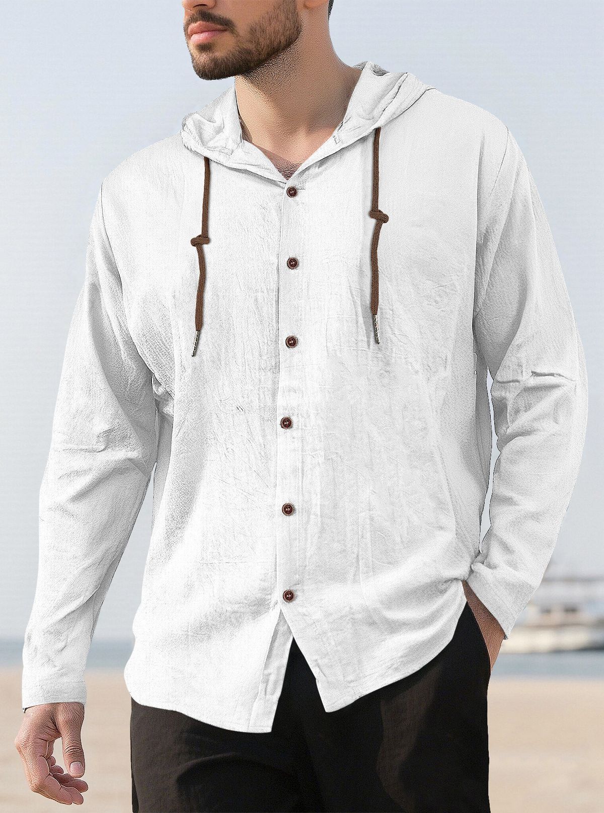13 Colors Pure Linen Hooded Shirt For Men Breathable Lightweight Long Sleeve Casual Shirts_viptrois.com