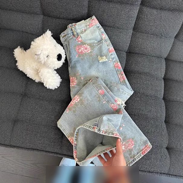 Floral Full Print Ripped Jeans For Men Summer Cool High End Slim Pants Cleanfit Loose Straight Pants_viptrois.com