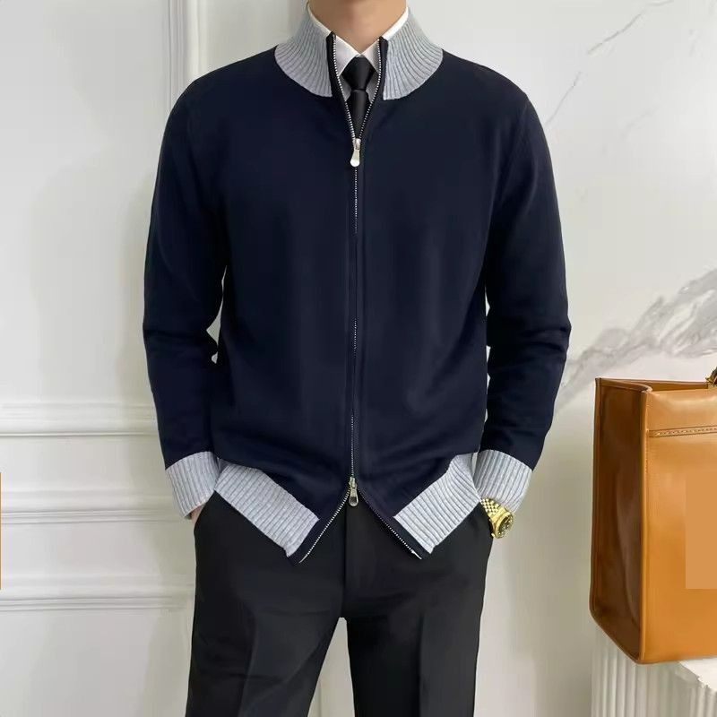 Autumn And Winter New Cardigan Sweater Men's Coat Jacket Contrast Color Stand Collar Business Warm Foreign Trade Cross Border Wholesale_viptrois.com