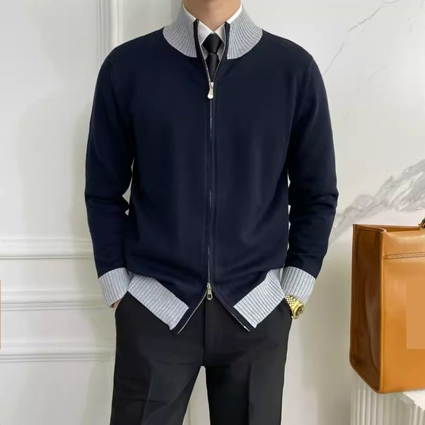Autumn And Winter New Cardigan Sweater Men's Coat Jacket Contrast Color Stand Collar Business Warm Foreign Trade Cross Border Wholesale_viptrois.com