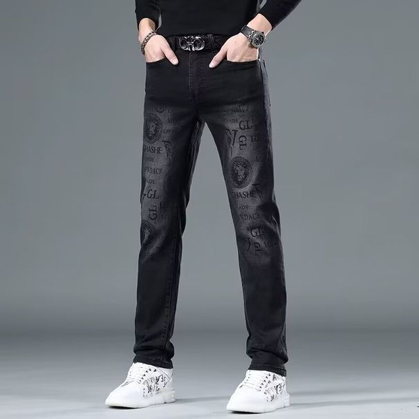 European And American Trendy Brand Black Printed Jeans For Men, 2025 Autumn Korean Style Slim Fit, Stretchy Casual Trousers._viptrois.com