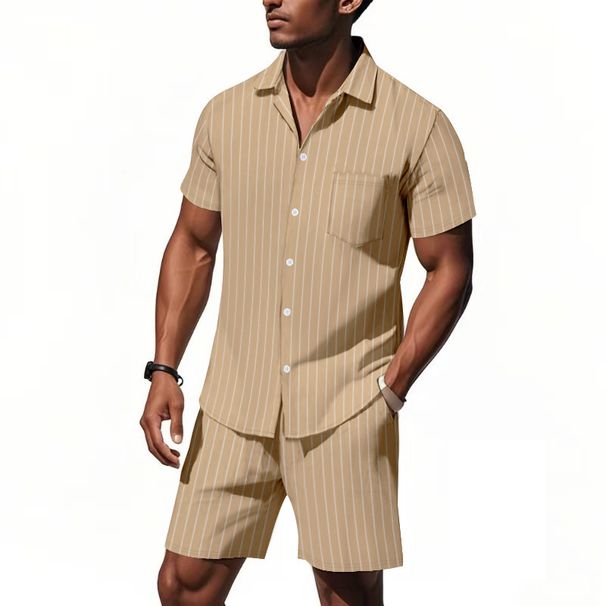 Men's Clothing Summer Linen Suit Men's Striped Jacquard Loose Short Sleeved Shirt Beach Shorts Two Piece Suit_viptrois.com