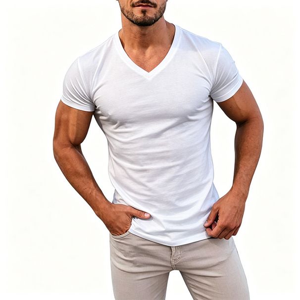 Men's Clothing Men's Solid Color V Neck T Shirt Quick Drying Breathable Sweat Wicking Casual Short Sleeve Top Plus Size_viptrois.com