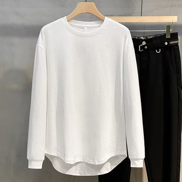 Long Sleeve T-Shirt Loose Top Solid Color Japanese Style Round Neck Base Shirt Men's Plus Size Tuxedo Full Cotton_viptrois.com