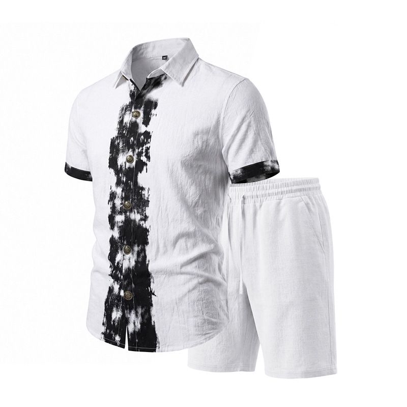 Men's Linen Short Sleeve Shirt And Shorts Set - Breathable Summer Outfit, Casual Lightweight Two-Piece Lounge Suit_viptrois.com