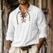 Men's Clothing European And American Men's New Cotton And Linen Lapel Loose Shirt Home Pullover V Neck Tie Long Sleeved Shirt Men's Clothing_viptrois.com