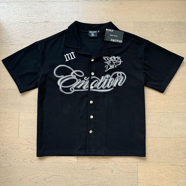 MIXED EMOTION American High Street Fashion Brand Spring And Autumn Casual Letter Logo Embroidered Waffle Short-sleeve_viptrois.com