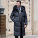 Men’s Long Down Coat With Fur Collar – Knee-Length, 95% White Duck Down, Machine Washable (Black/Blue/Gray)_viptrois.com