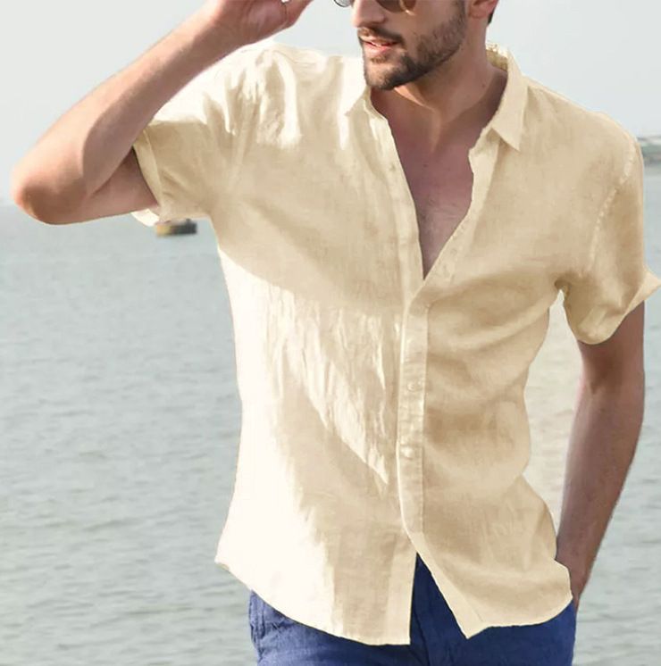 Men's Clothing 2025 New European And American Summer Short Sleeve Tops Casual Cardigan Foreign Trade Men's Shirt Men's Solid Color Shirt_viptrois.com