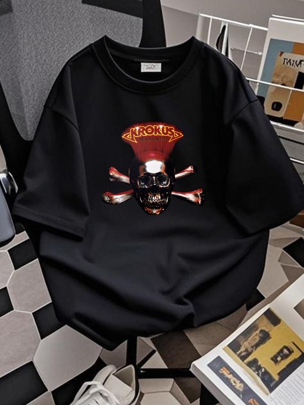 Cotton T-Shirt Krokus Headhunter Album Tee Chris Von Rohr Fernando Von Arb Casual Top For Everyday Wear Graphic Streetwear Slightly Versatile_viptrois.com